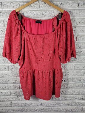 Lane Bryant Pink Peasant Top 22/24 Plus Size Off Shoulder Puff Sleeve PIN77E